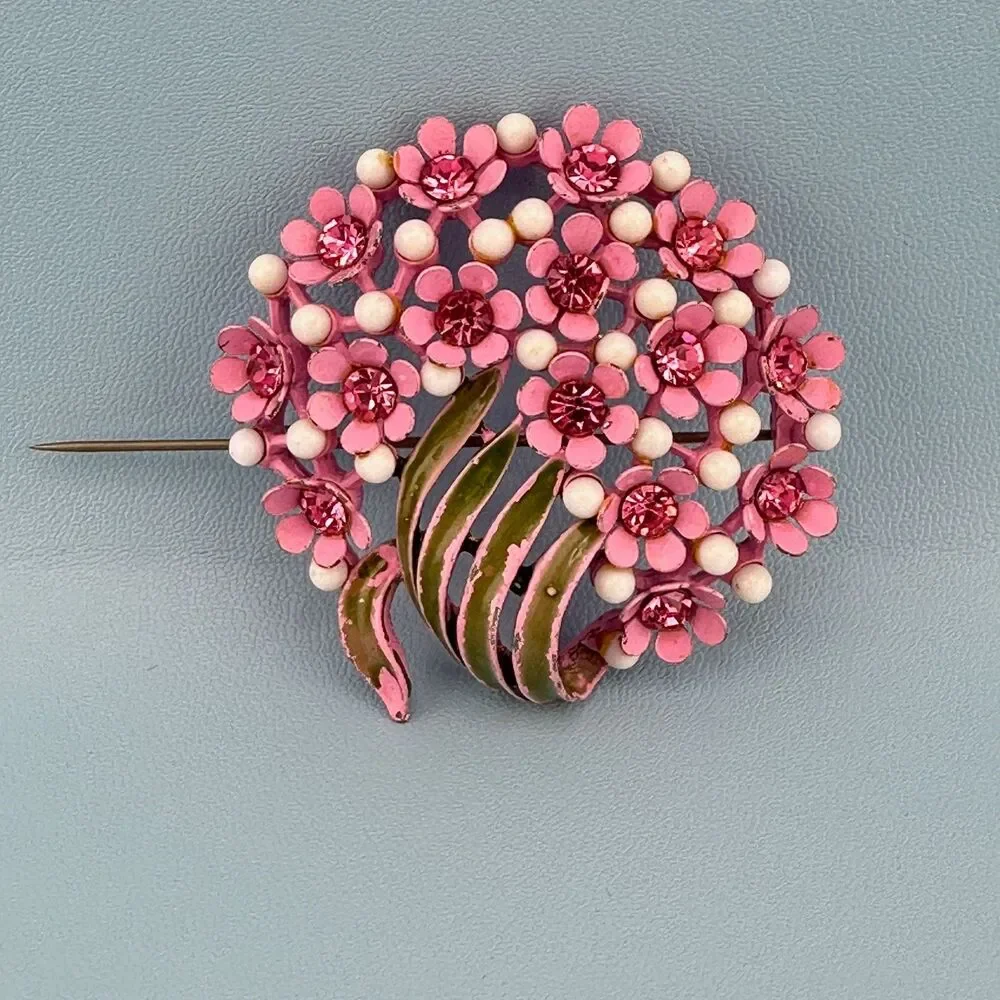 Vintage Rhinestone Flower Brooch Pink Japanned Enamel Floral Spray Bouquet 2